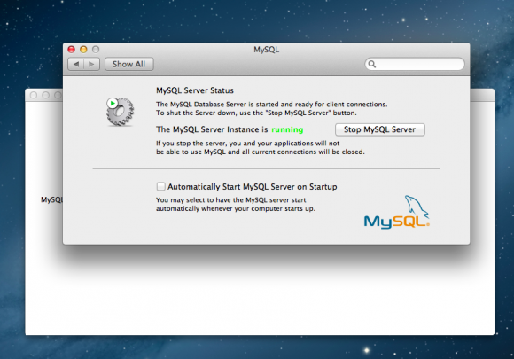 MySQL Start screen