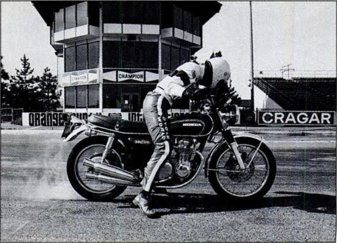 In 1974, Cycle World Senior Editor D. Randy Riggs prepares to launch the Honda CB550 at the now defunct Orange County International Speedway